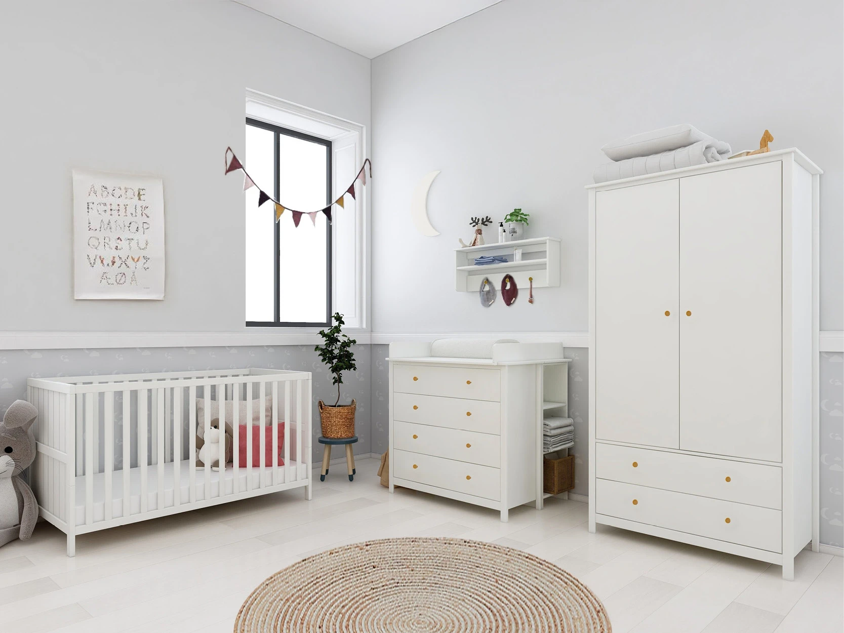 High-quality solid wood cot in a light-coloured nursery