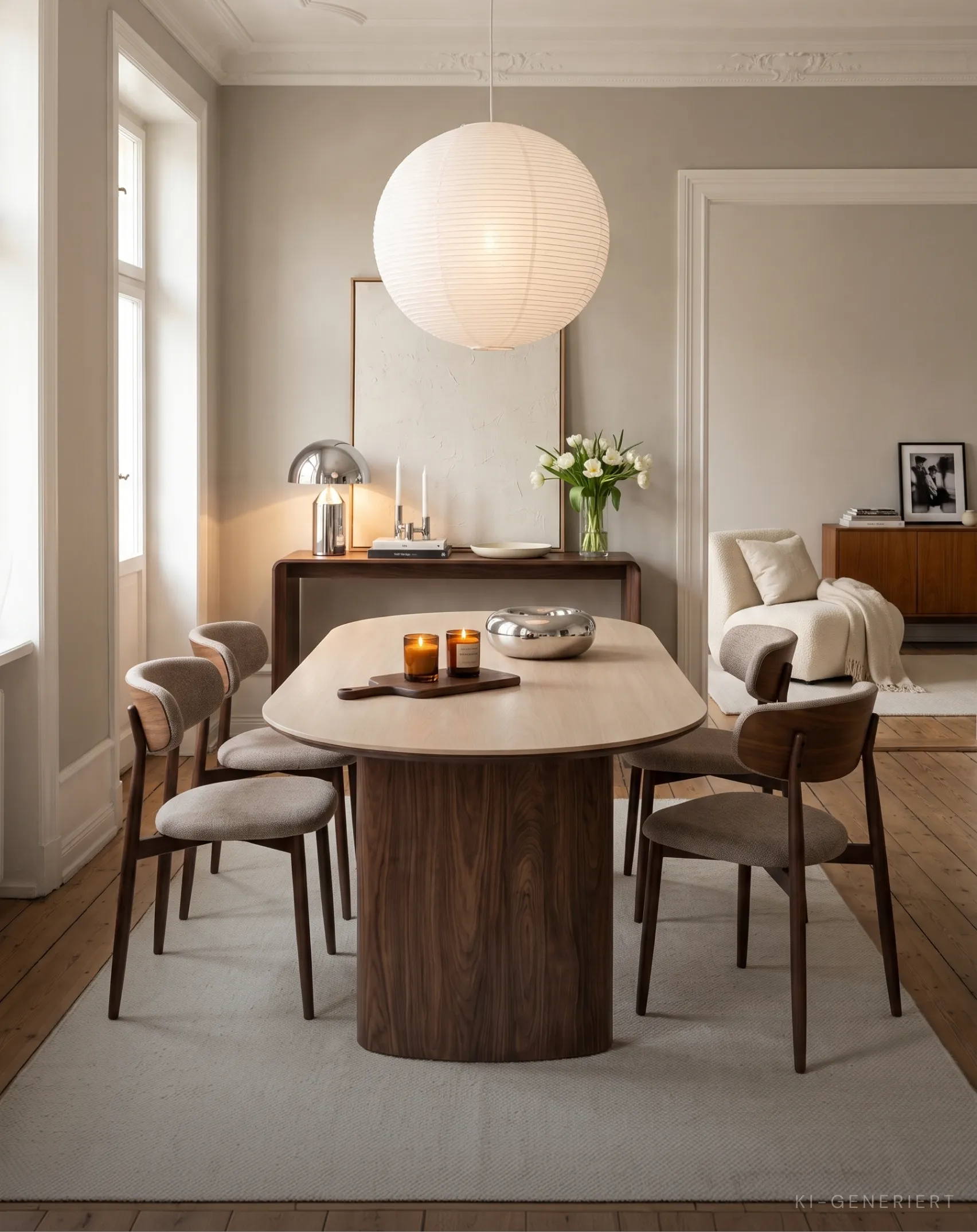 Esstisch aus Holz mit Stühlen in einem hellen Esszimmer