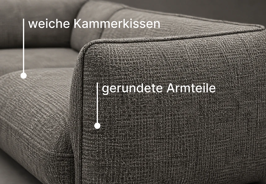 designwerk Sofa Fluffy – Detail Kammerkissen und Armteil