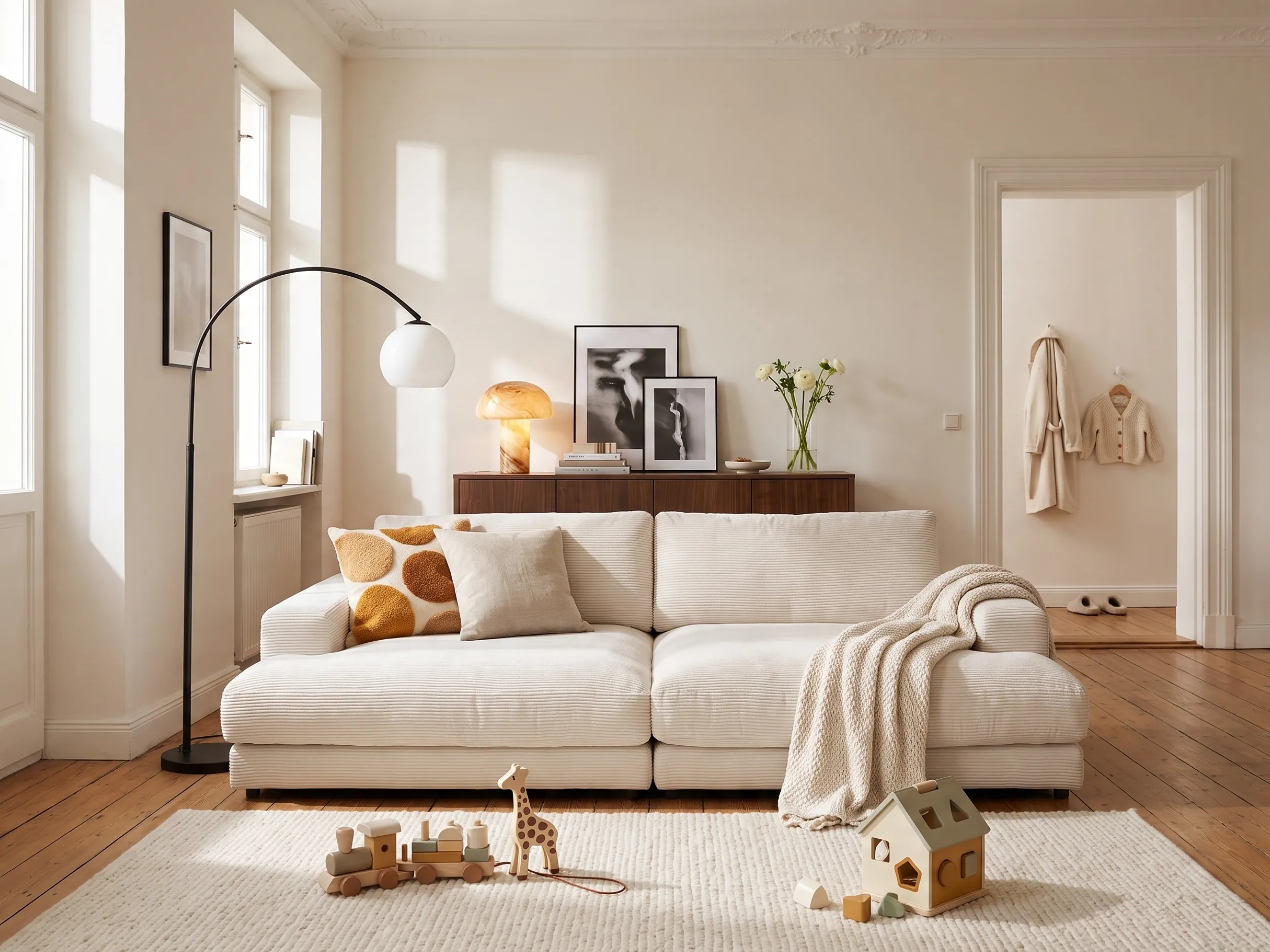Big Sofa mit tiefer Sitzfläche und vielen Kissen in einem großen Wohnzimmer