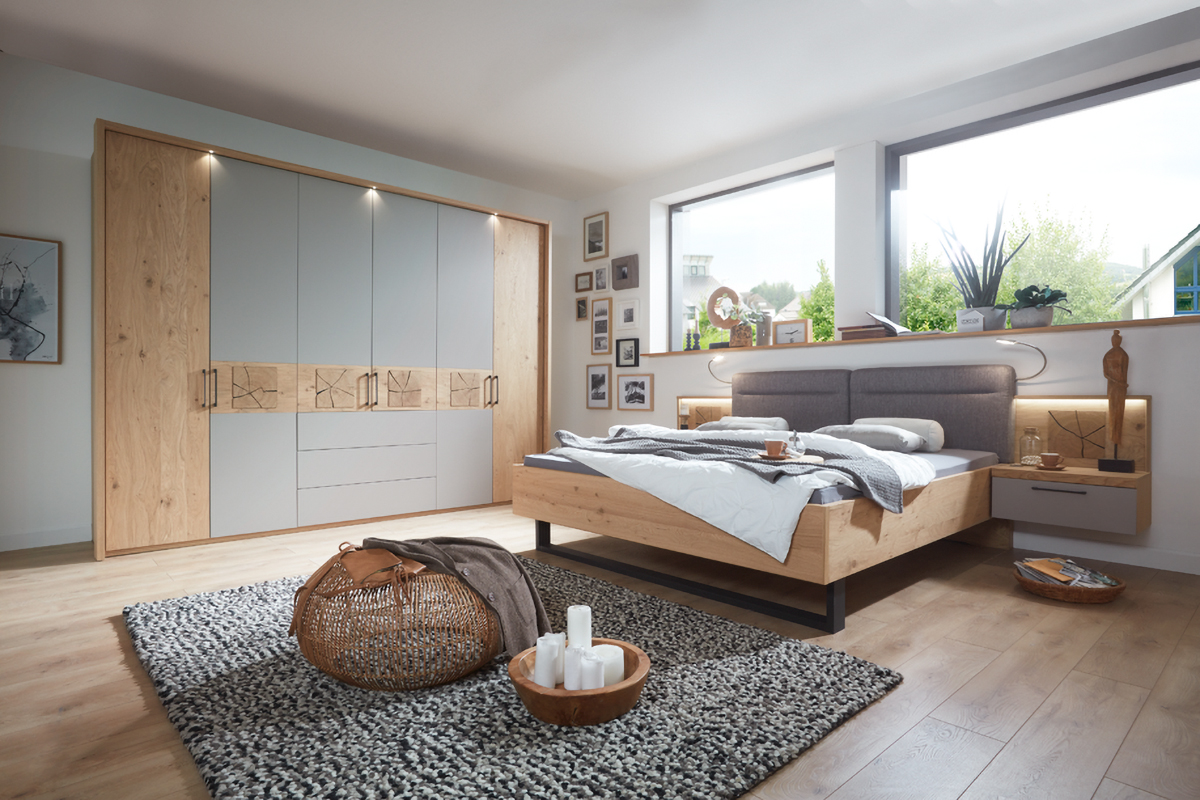 mondo barino schlafzimmer, balkeineiche echtholz furniert mit absetzung in  lack taupe | 8110000200