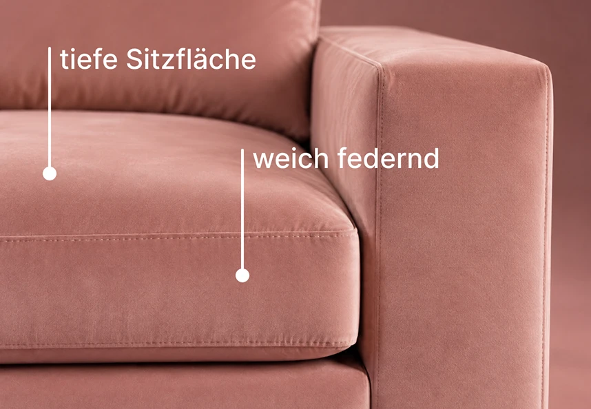 designwerk Sofa Parma – Detail tiefe Sitzfläche