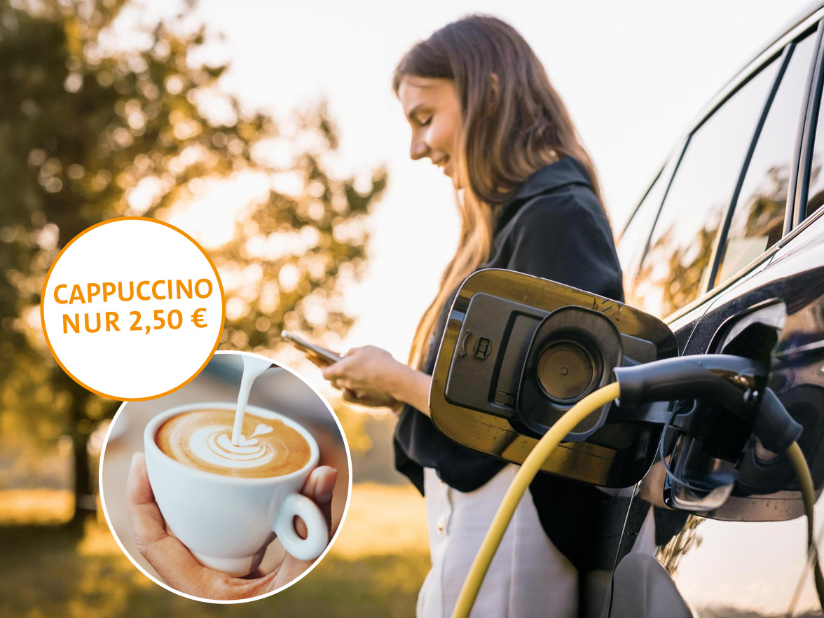 E-Auto laden, Kaffee vergünstigt erhalten