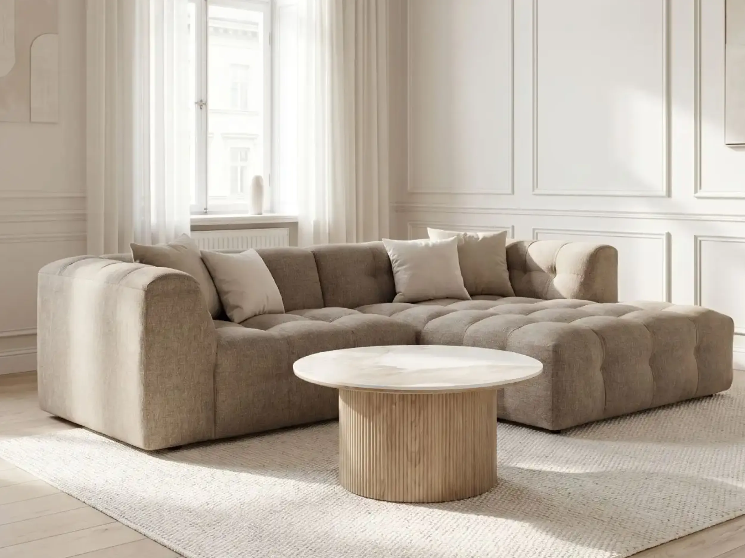 Modernes Ecksofa in Chenille mit Kassettensteppung an Rücken, Armlehnen und Sitz