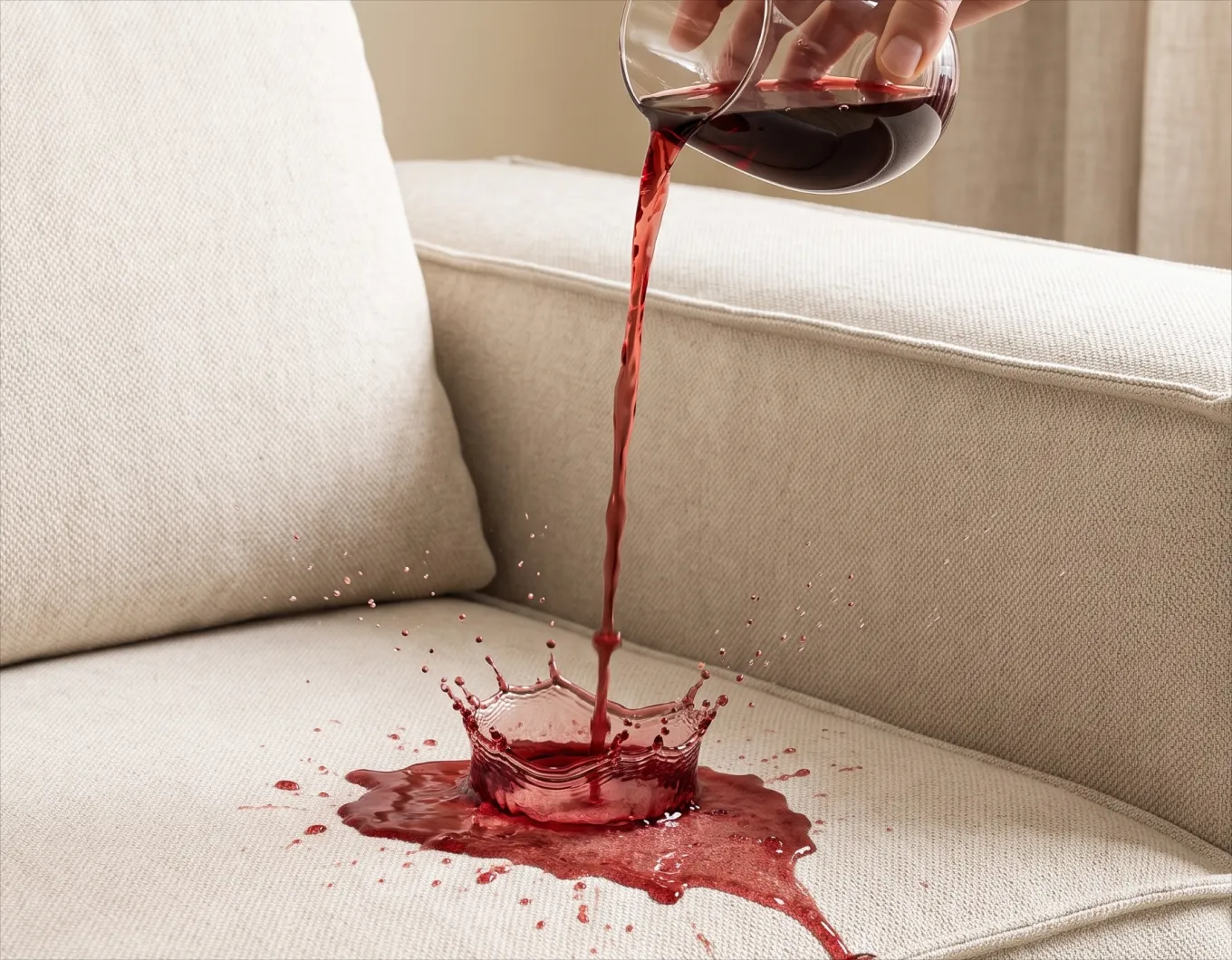 Rotwein trifft auf die helle Sitzfl&auml;che eines Freja Sofas und bleibt als Lache auf dem Stoff stehen