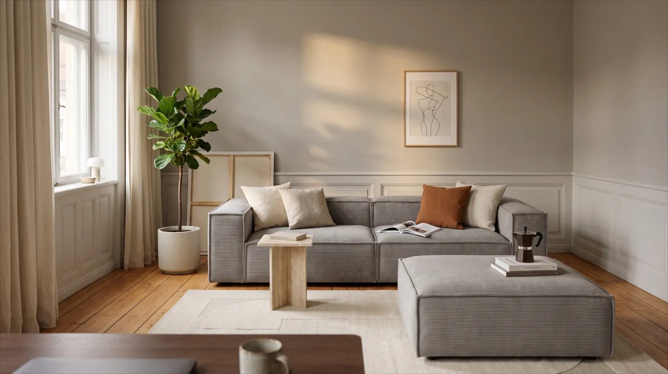 Freja als 1,5-Sitzer mit Hocker in einem 22 Quadratmeter gro&szlig;en Wohnzimmer mit Arbeitsecke