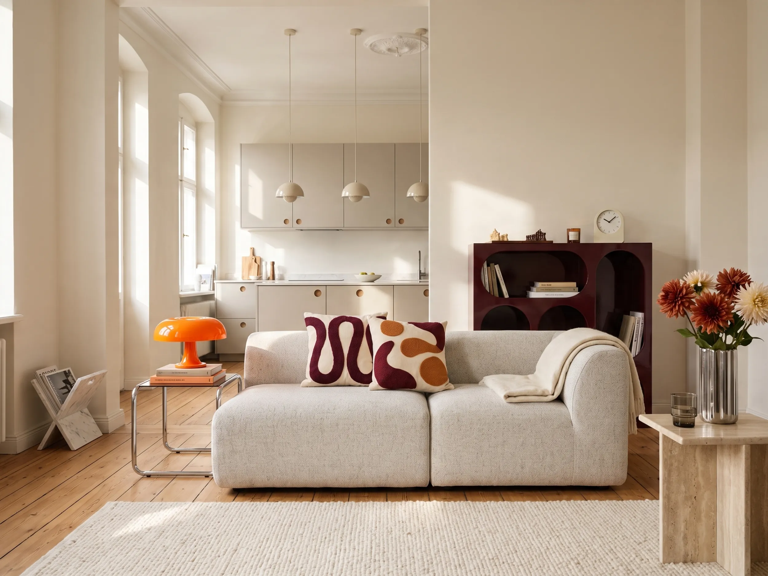 Kleines Sofa auf hohen Holzfüßen in einem kompakten Stadtapartment