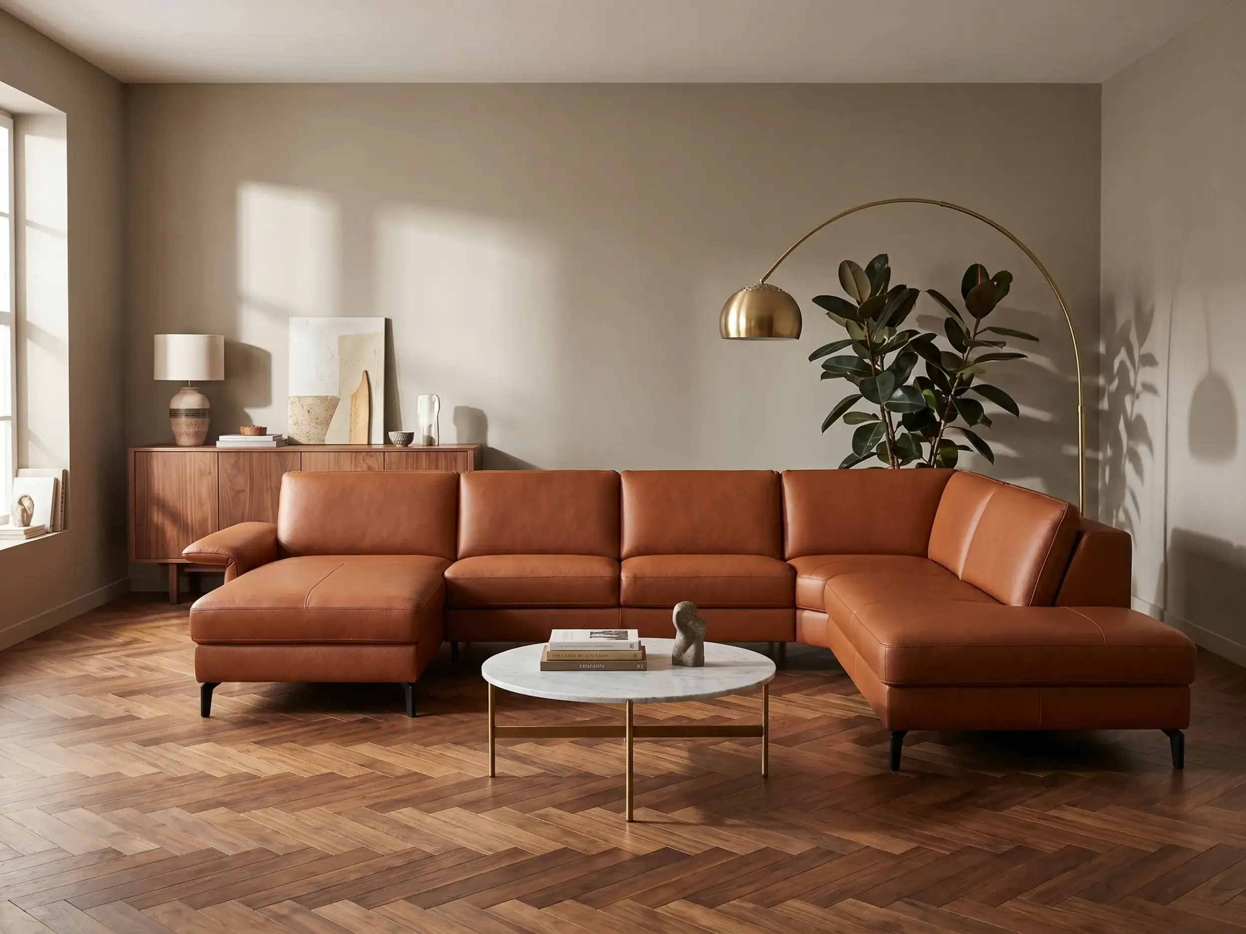 Cognacfarbenes Ledersofa mit sichtbarer Narbung vor einer hellen Wand