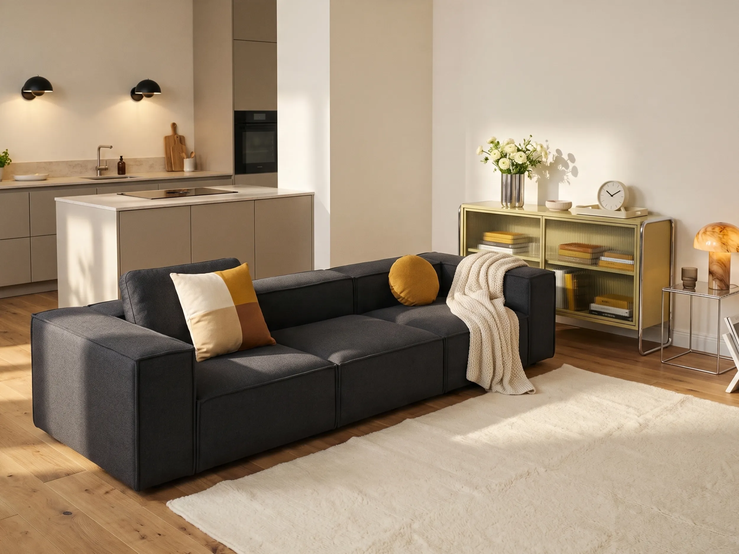 Schwarzes Ledersofa auf schlanken Füßen mit hellem Teppich und Messingleuchte