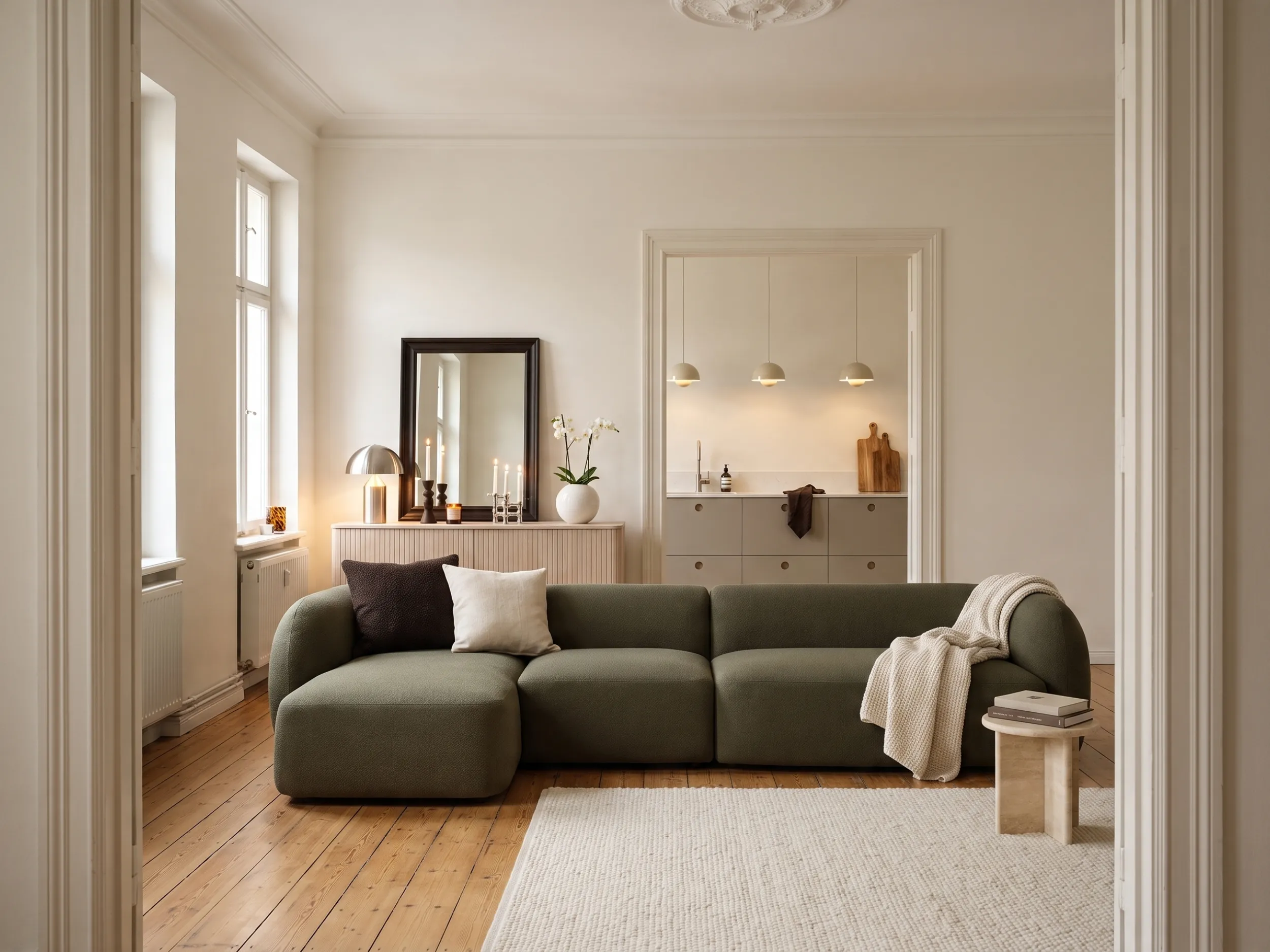 Olivgrünes Sofa mit Kissen in Rosé und Terrakotta vor einer cremefarbenen Wand