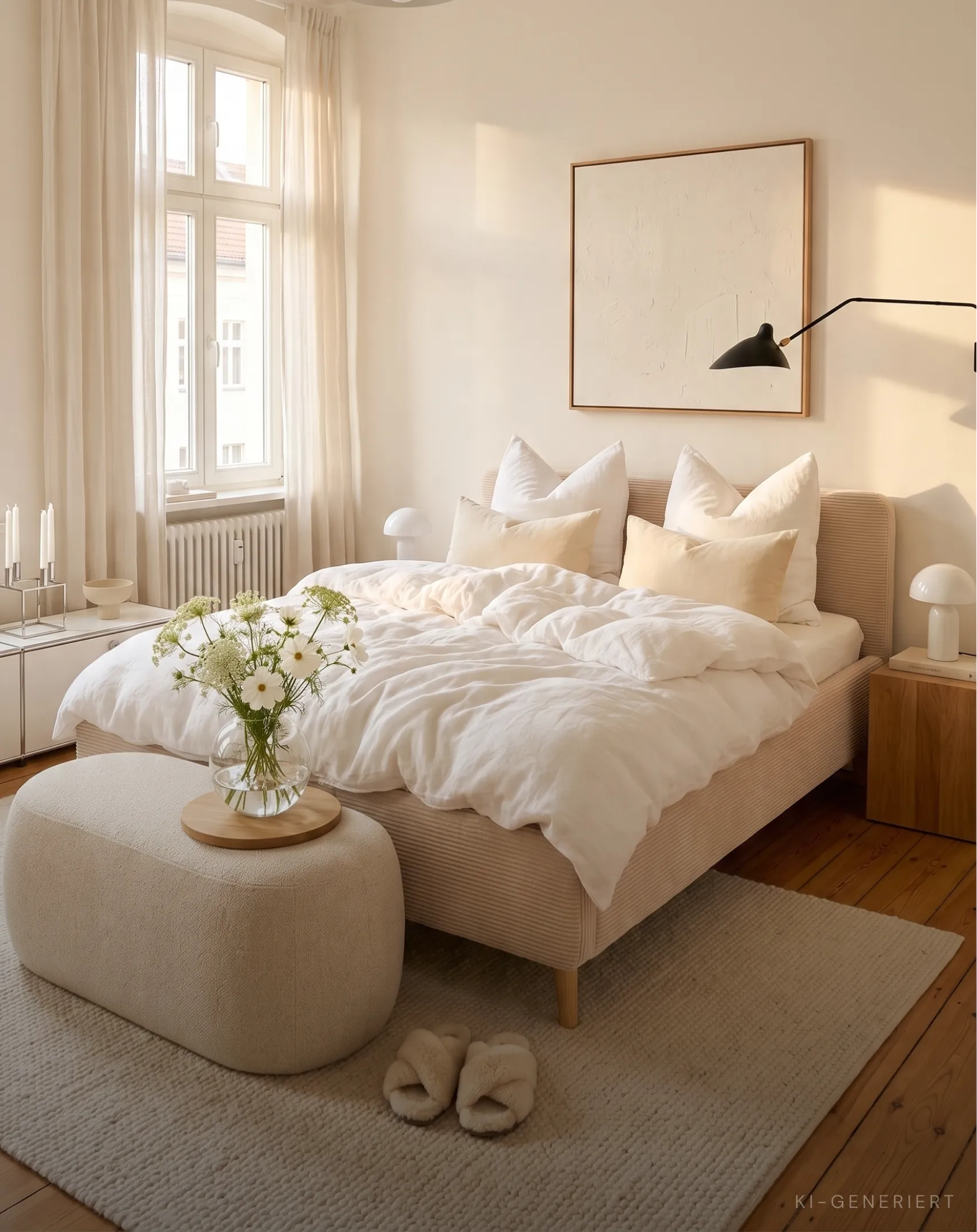 Polsterbett in einem hellen Schlafzimmer mit Rundbogenfenster