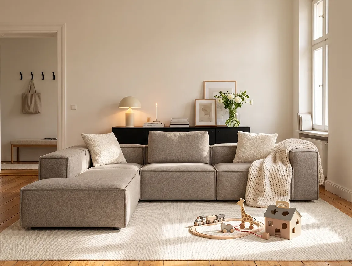 FREJA als Eck-Kombination in Taupe in einem Familienwohnzimmer