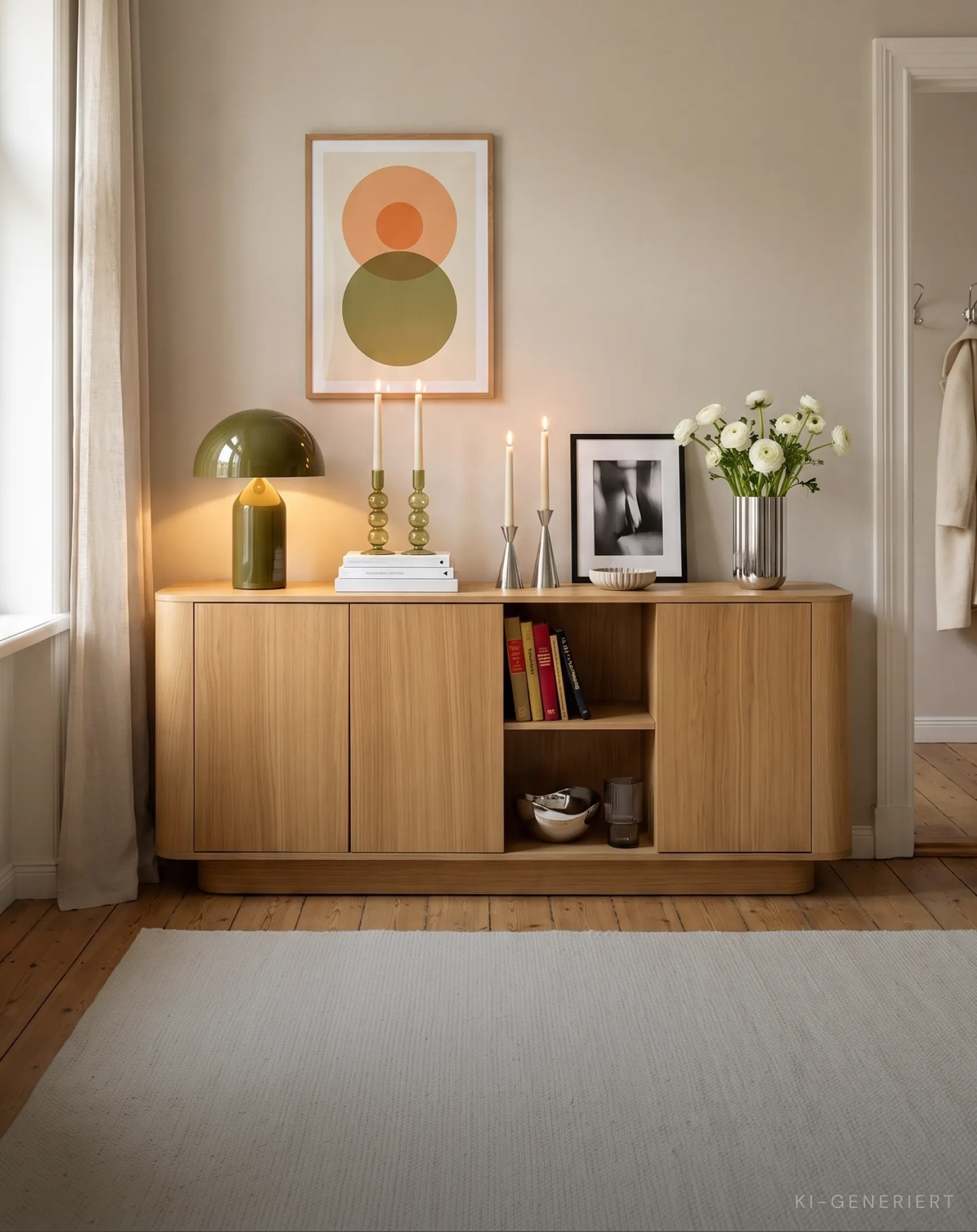Sideboard aus Eiche mit Tischleuchte und Blumen