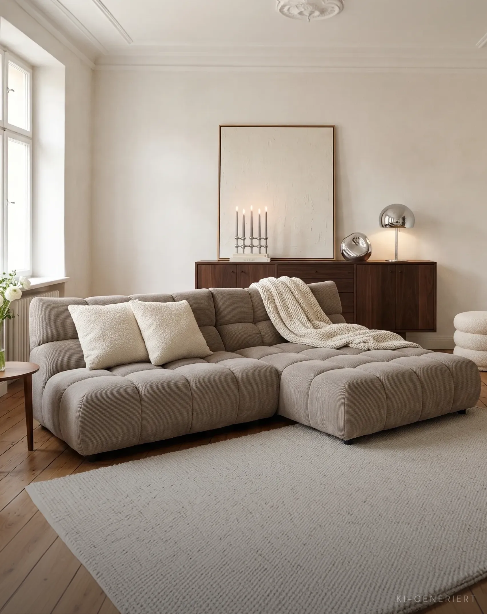 Helles Ecksofa in einem lichtdurchfluteten Wohnzimmer