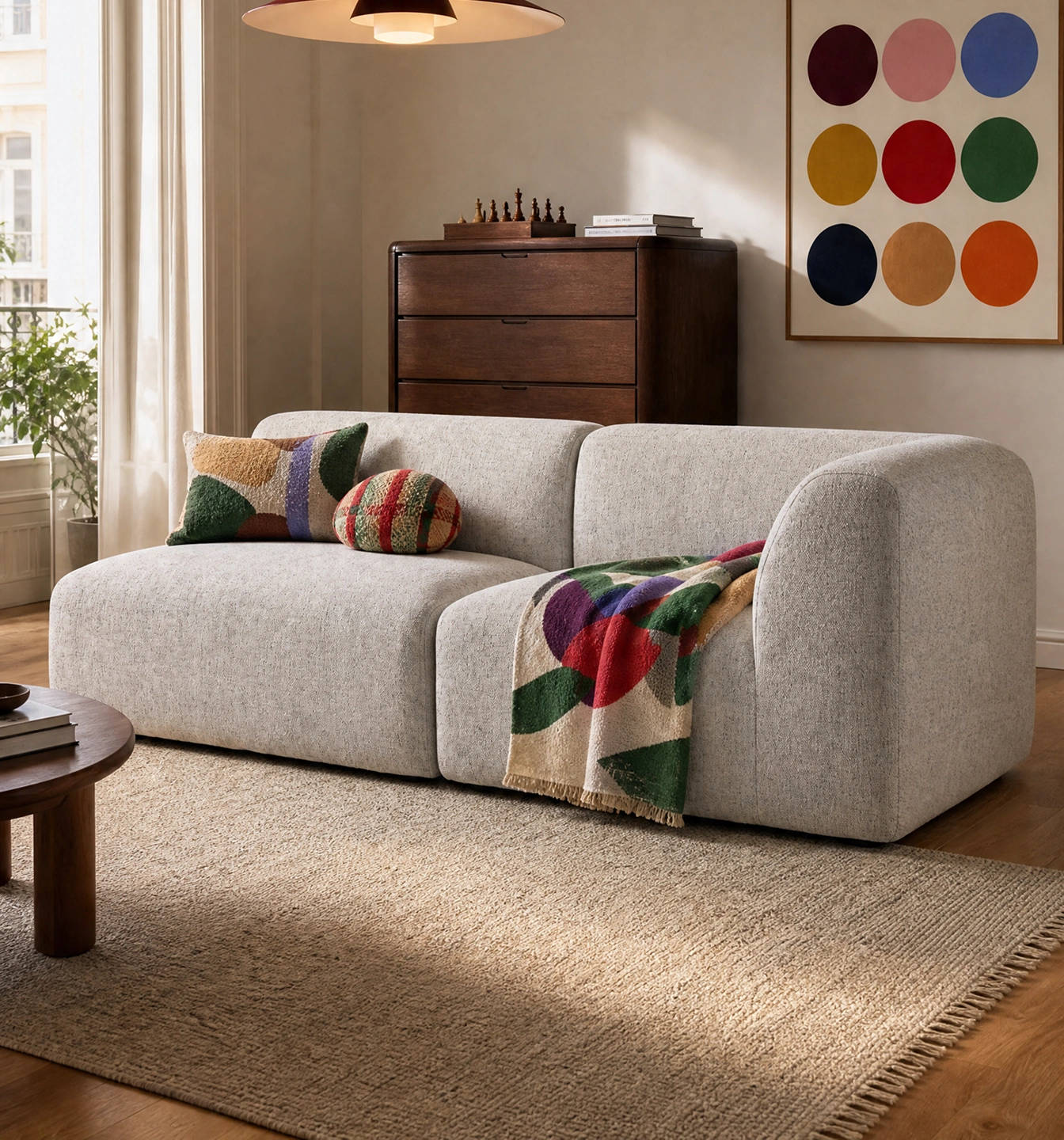 Helles Wohnzimmer mit niedrigem ELIN Sofa in Creme, Kissen in Grün und Rot