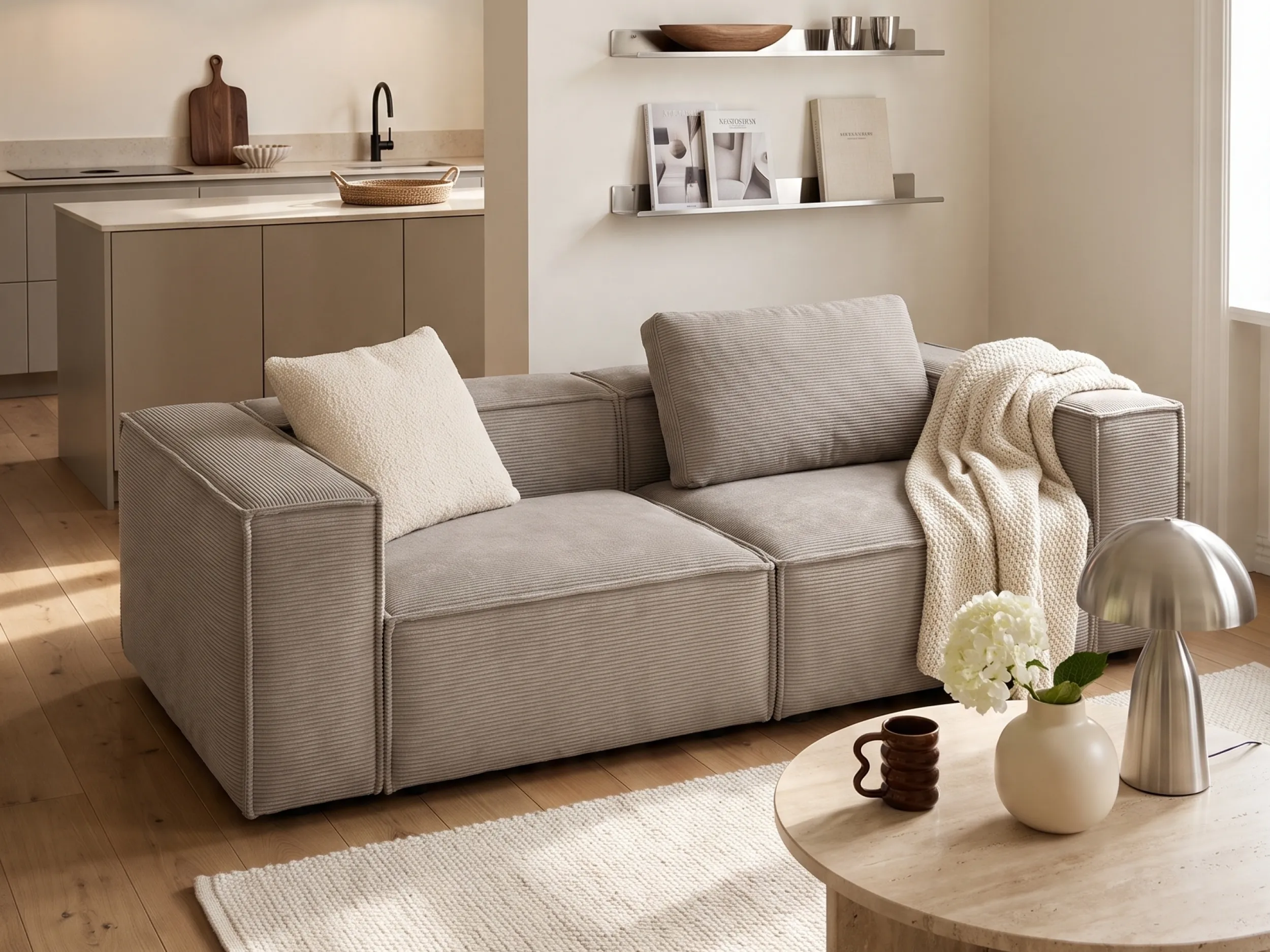 Cordsofa in Karamell mit Wollplaid und Holzbeistelltisch
