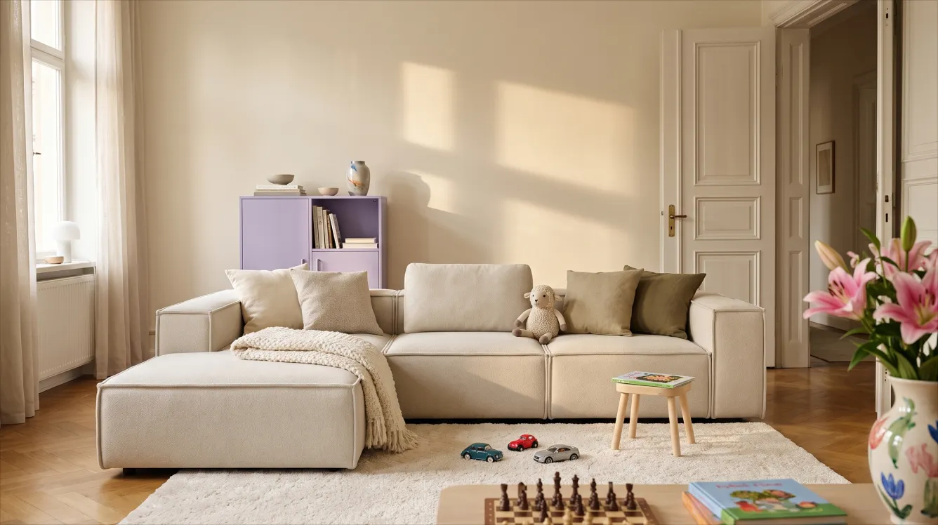 Freja als Ecksofa mit Ottomane in einem Familienwohnzimmer mit Spielzeug auf dem Teppich