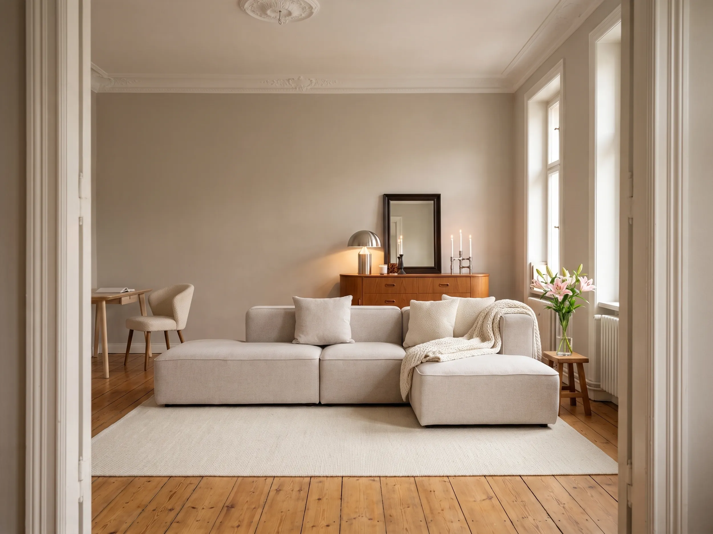 Beiges Sofa mit Kissen in Sand und Karamell, dahinter heller Eichenboden