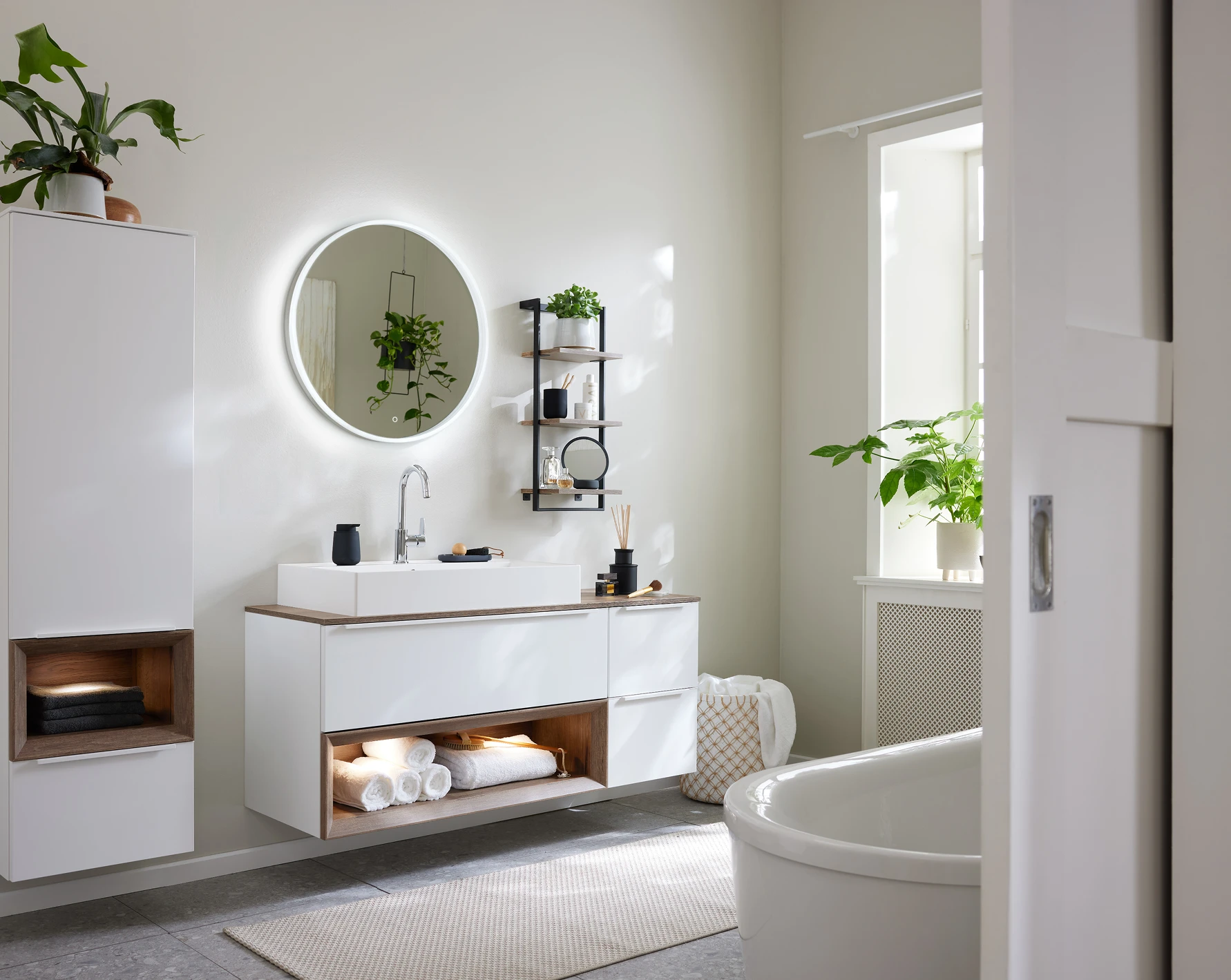 Bathroom furniture with high-quality wooden surfaces and stainless steel fittings