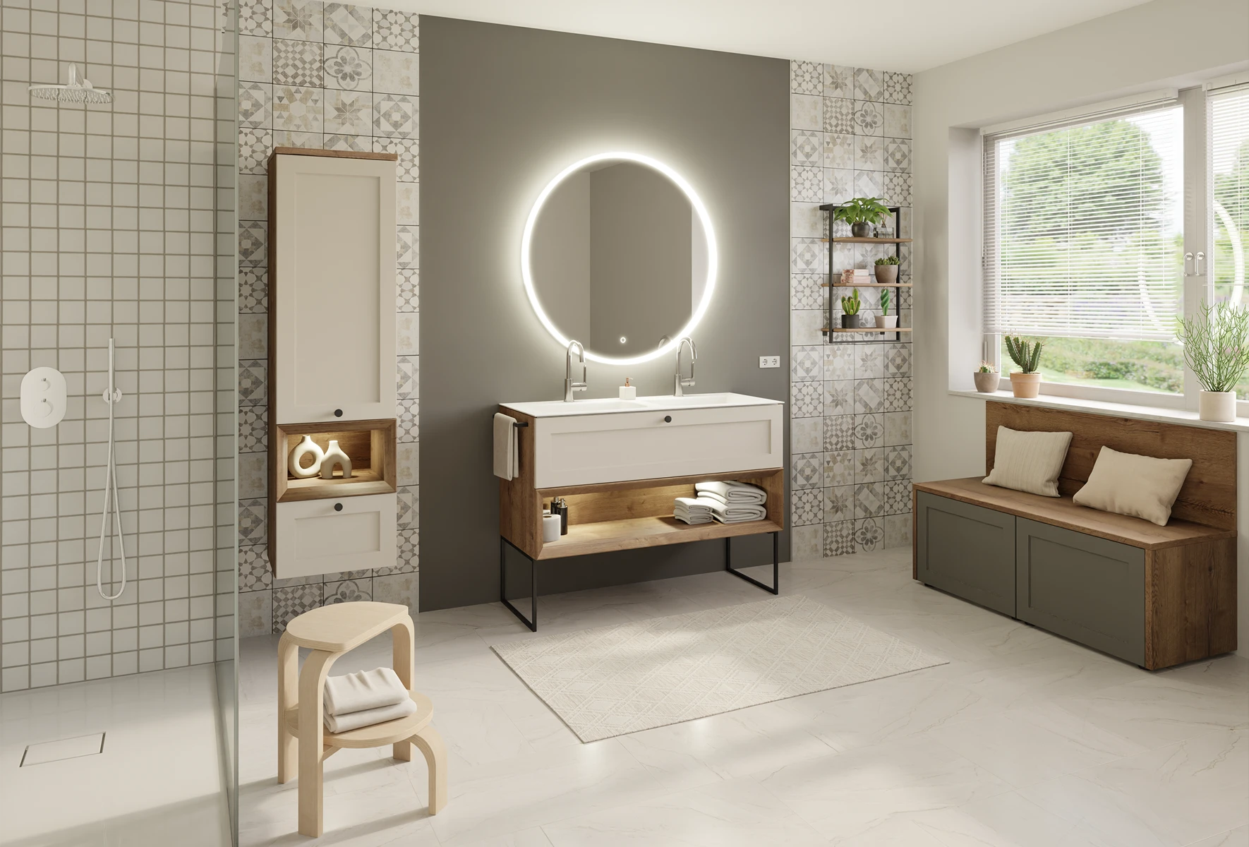 Country-style bathroom furniture with framed fronts and muted colours